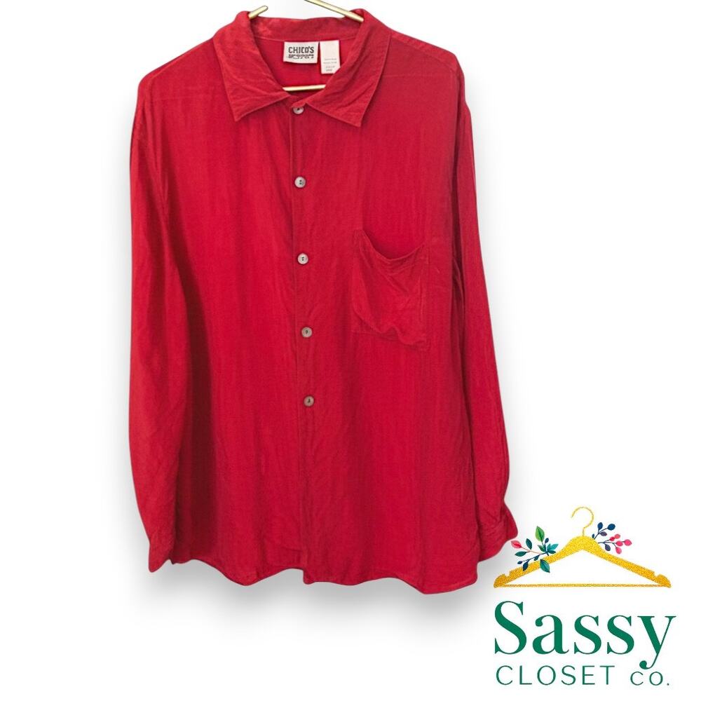 VINTAGE Chico's Design Red Rayon Button Blouse 2 US 12 Large EUC